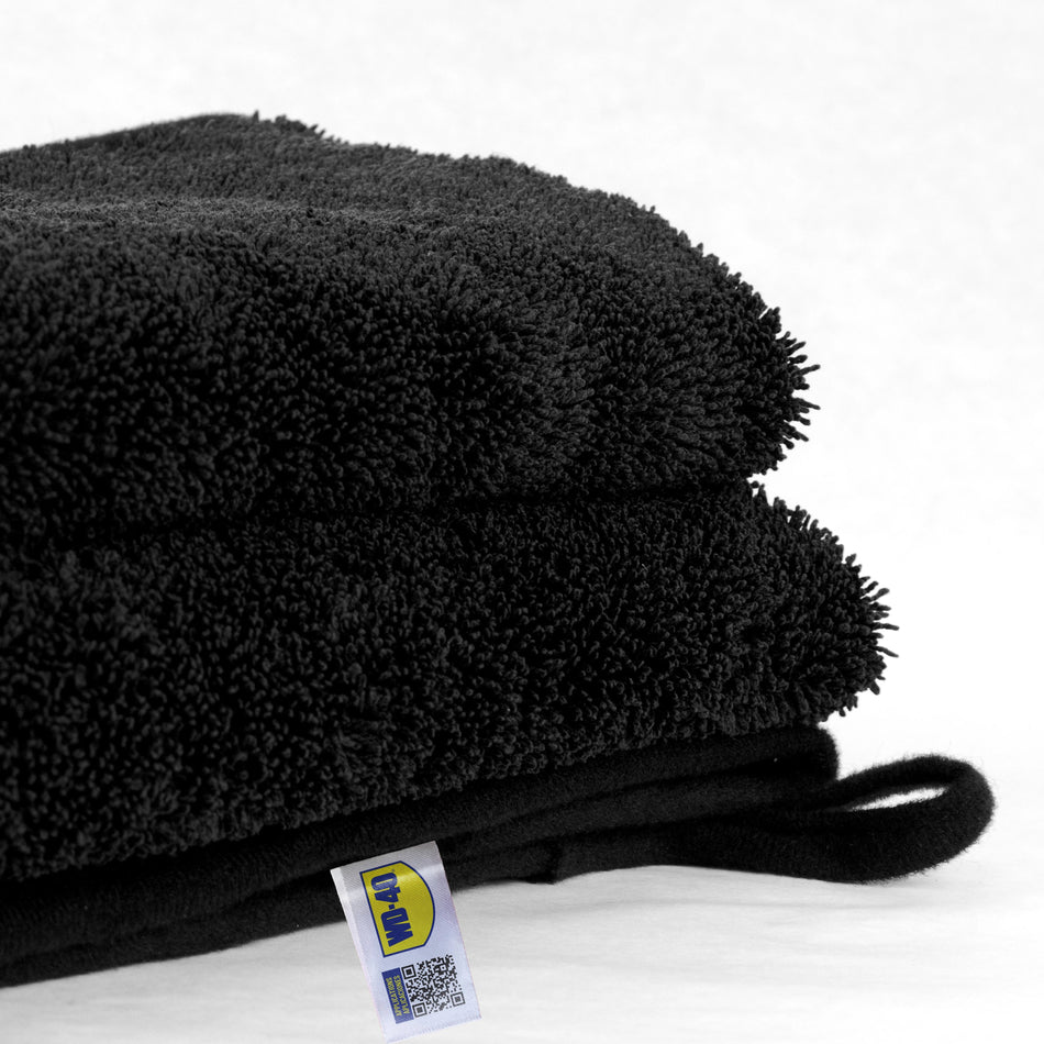 2 pack | close-up of texture with label visible | 600 GSM Twist Loop Car Drying Microfiber Towel 25x36 in — WD-40, Scratch-Free & Lint-Free | L40401