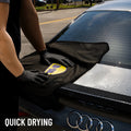 2 pack | model using towel on car windshield | 600 GSM Twist Loop Car Drying Microfiber Towel 25x36 in — WD-40, Scratch-Free & Lint-Free | L40401