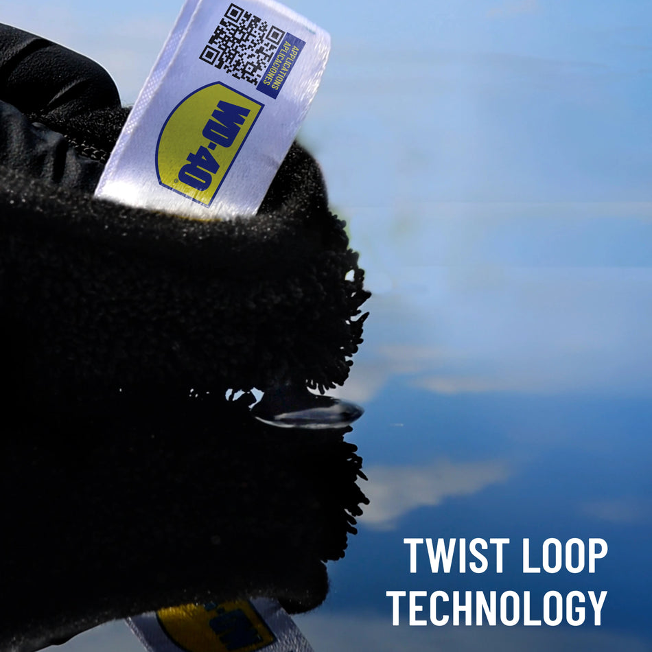 2 pack | product held against blue sky outdoors | 600 GSM Twist Loop Car Drying Microfiber Towel 25x36 in — WD-40, Scratch-Free & Lint-Free | L40401