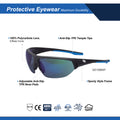 black/blue, Blue Mirror Anti-Fog | side view with feature callouts labeled | GE Safety Glasses 06 Series | Sporty Half-Frame ANSI Z87.1 | GE106BAF