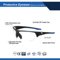 black/blue, Clear Anti-Fog | side view with feature callouts | GE Safety Glasses 06 Series | Sporty Half-Frame ANSI Z87.1 | GE106CAF