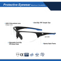 black/blue, Clear Anti-Scratch | side view with feature callouts labeled | GE Safety Glasses 06 Series | Sporty Half-Frame ANSI Z87.1 | GE106C