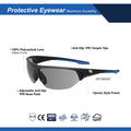 black/blue, Smoke Anti-Fog | right side angle with feature callouts | GE Safety Glasses 06 Series | Sporty Half-Frame ANSI Z87.1 | GE106SAF
