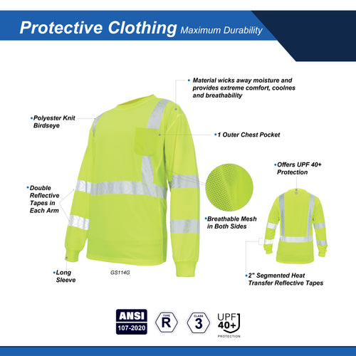Hi-Vis Long Sleeve Safety Shirt — GE PPE GS114, UPF 40+