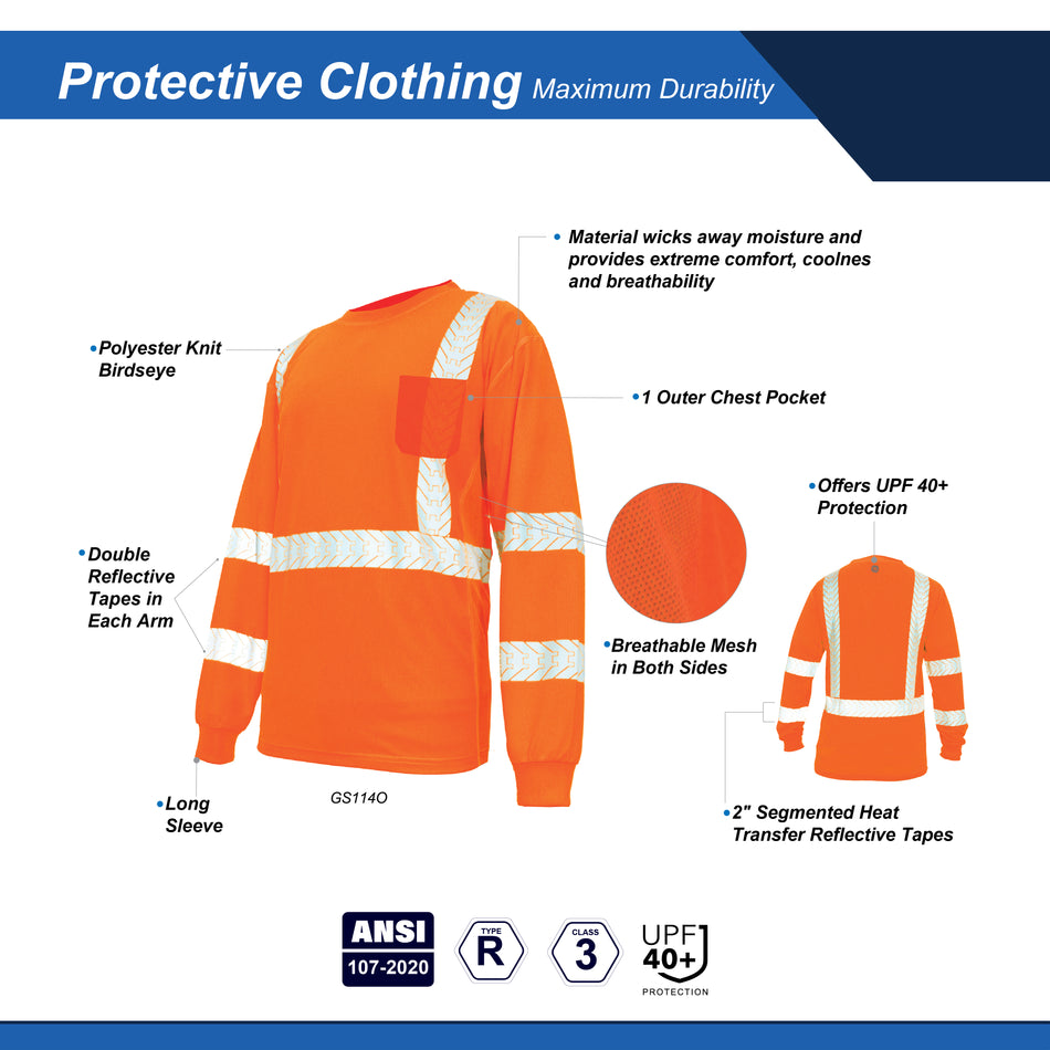 orange | Hi-Vis Long Sleeve Shirt | Class 3 ANSI 107-2020