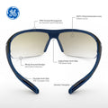 black/indigo, I/O Mirror Anti-Fog | front view with feature callouts labeled | 09 Series - Safety Glasses | GE109MAF