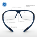 black/indigo, Clear Anti-Fog | front view with feature callouts labeled | 09 Series - Safety Glasses | GE109CAF