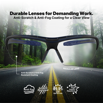 black/indigo, Clear Anti-Fog | front view with coating comparison detail | 09 Series - Safety Glasses | GE109CAF