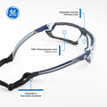 indigo/gray, Clear Anti-Fog | three-quarter view with labeled features | GE PPE 11S Series Anti-Fog Safety Spoggles ANSI Z87.1 | GE111CAF