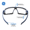 indigo/gray, Clear Anti-Fog | front view with labeled features highlighted | GE PPE 11S Series Anti-Fog Safety Spoggles ANSI Z87.1 | GE111CAF