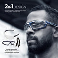 indigo/gray, Clear Anti-Fog | model wearing spectacles with interchangeable components | GE PPE 11S Series Anti-Fog Safety Spoggles ANSI Z87.1 | GE111CAF