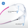 pink/white, Clear Anti-Fog | angled front view with feature callouts | 30 Series - Safety Glasses | GE130CAF
