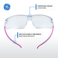 pink/white, Clear Anti-Fog | front view with feature callouts highlighted | 30 Series - Safety Glasses | GE130CAF
