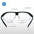 black, Clear Anti-Fog | front view with labeled features diagram | 08 Series - Safety Glasses | GE208CAF