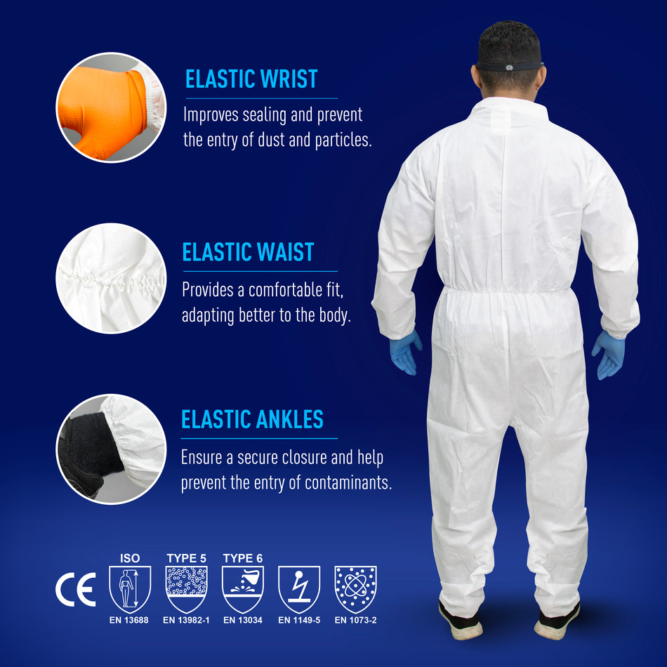GE SMS protective coverall back view highlighting elastic wrists, waist, and ankles for secure fit, SKU GW900.