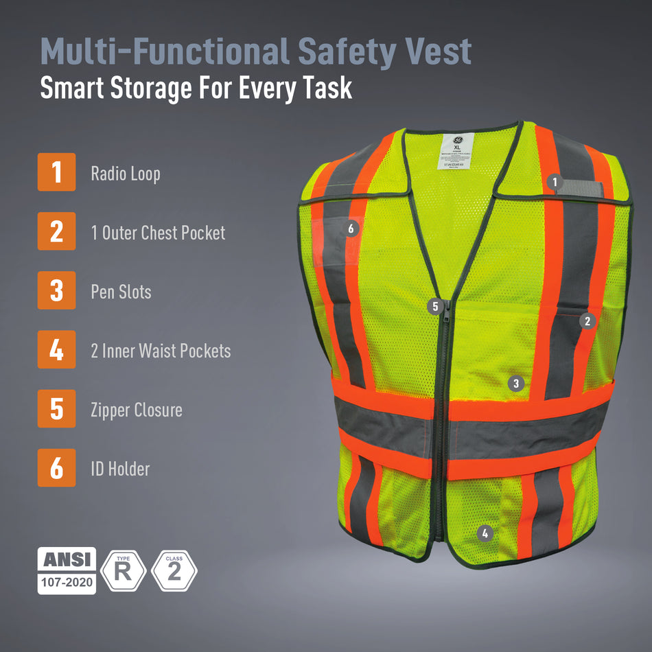 Green | Safety Vest | 5-Point Breakaway, Class 2, ANSI 107-2020