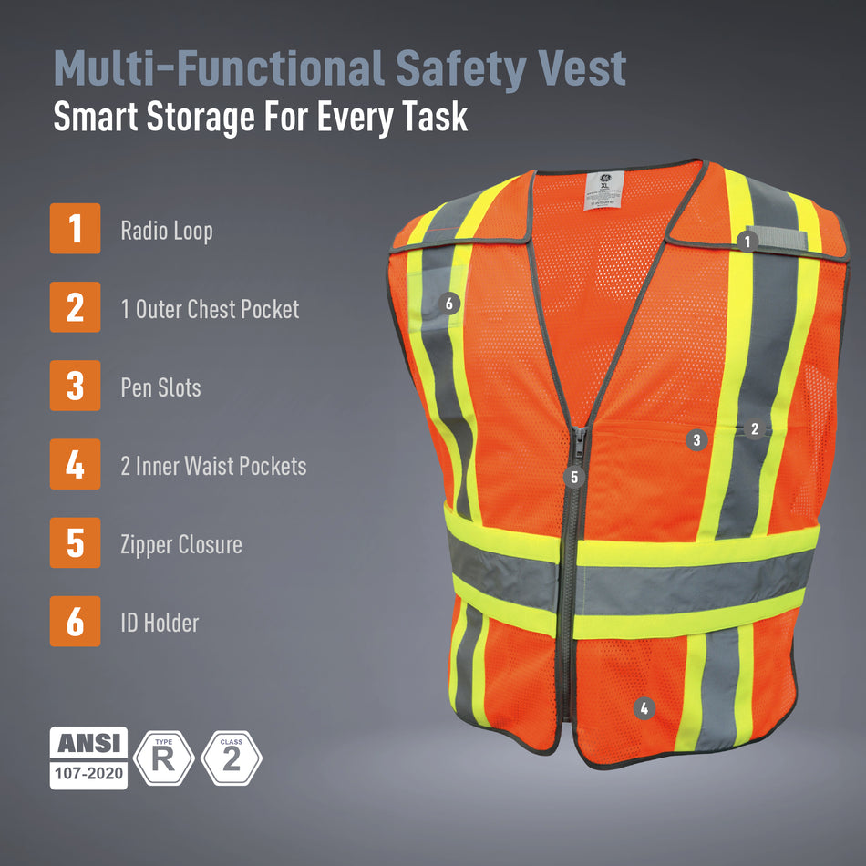 Orange | Safety Vest | 5-Point Breakaway, Class 2, ANSI 107-2020