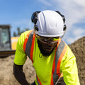 white, Vented | worker wearing helmet on construction site | Safety Helmet | Type 2, Vented with Koroyd® | GH500W