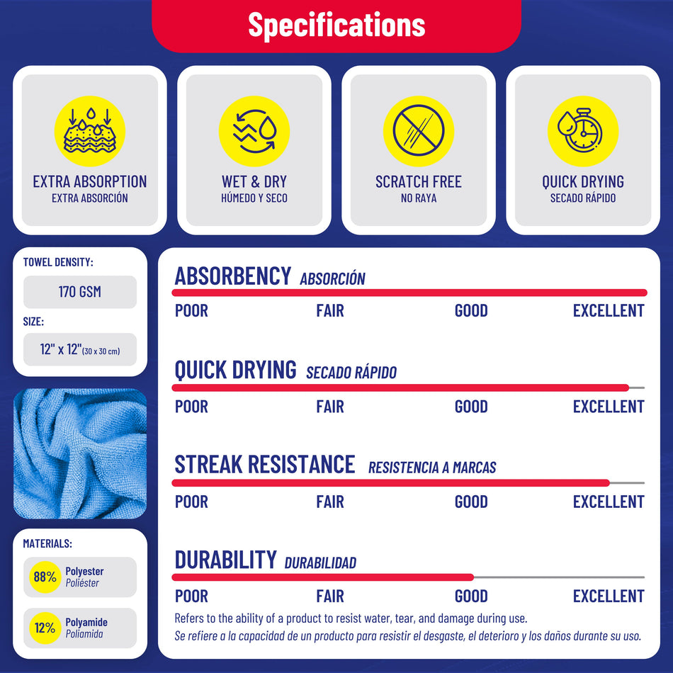 light blue, 12 Pack | specifications infographic with performance charts | Extra Absorbent Multipurpose Microfiber Towel | L40105