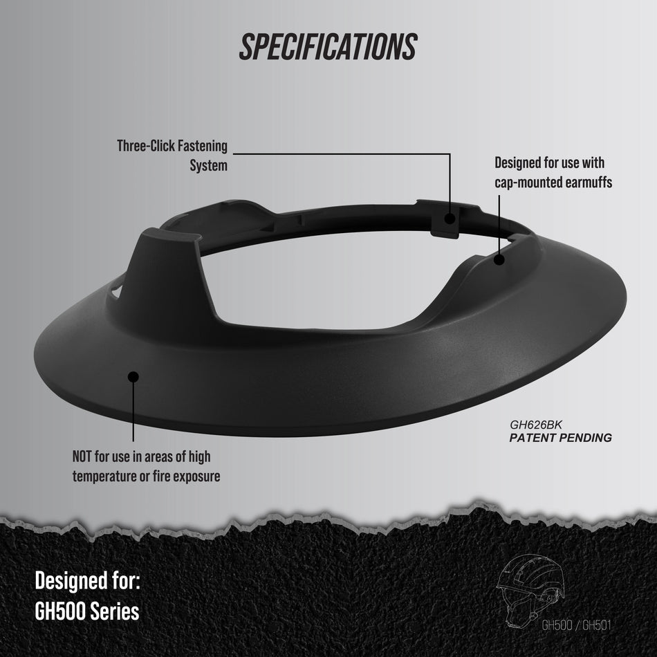 black | angled view with labeled specifications | Full Brim Accessory — GE PPE GH626 | GH626BK