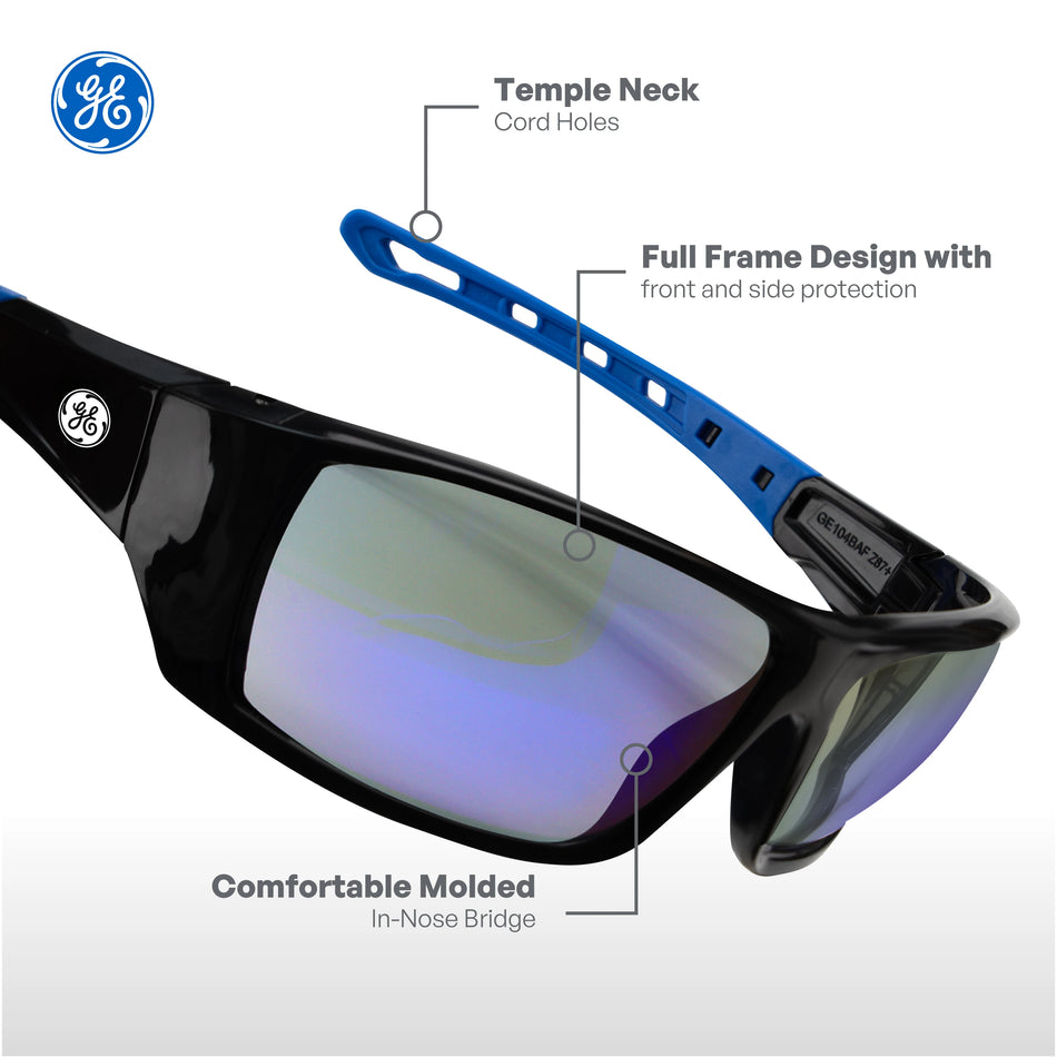 black/blue, Blue Mirror Anti-Fog | angled product view with feature callouts | Full Frame Safety Glasses — GE PPE 04 Series, Anti-Fog, ANSI Z87.1 | GE104BAF