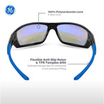 black/blue, Blue Mirror Anti-Fog | front view with product feature callouts | Full Frame Safety Glasses — GE PPE 04 Series, Anti-Fog, ANSI Z87.1 | GE104BAF
