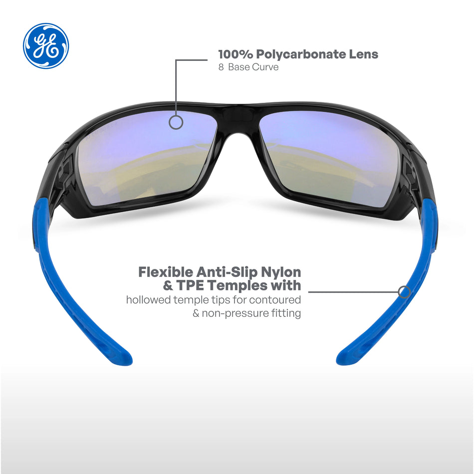 black/blue, Blue Mirror Anti-Fog | front view with product feature callouts | Full Frame Safety Glasses — GE PPE 04 Series, Anti-Fog, ANSI Z87.1 | GE104BAF