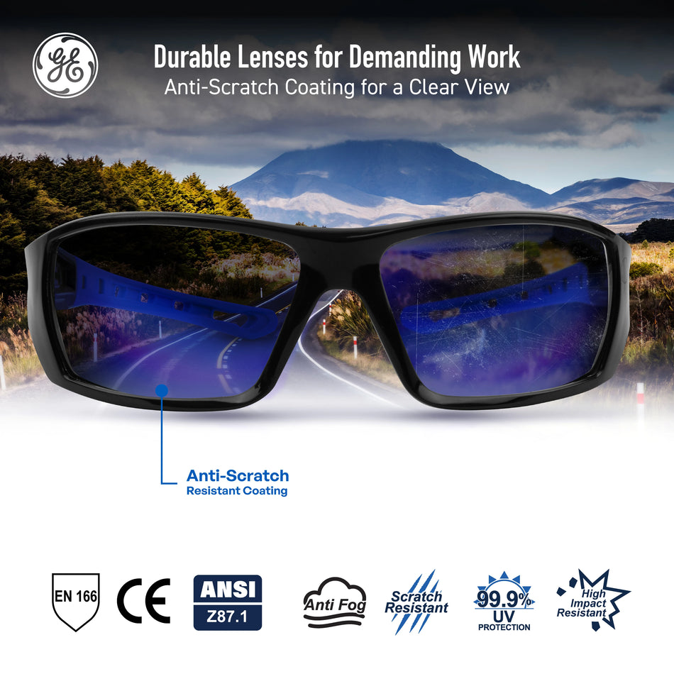 black/blue, Blue Mirror Anti-Fog | front view with scenic landscape reflection | Full Frame Safety Glasses — GE PPE 04 Series, Anti-Fog, ANSI Z87.1 | GE104BAF