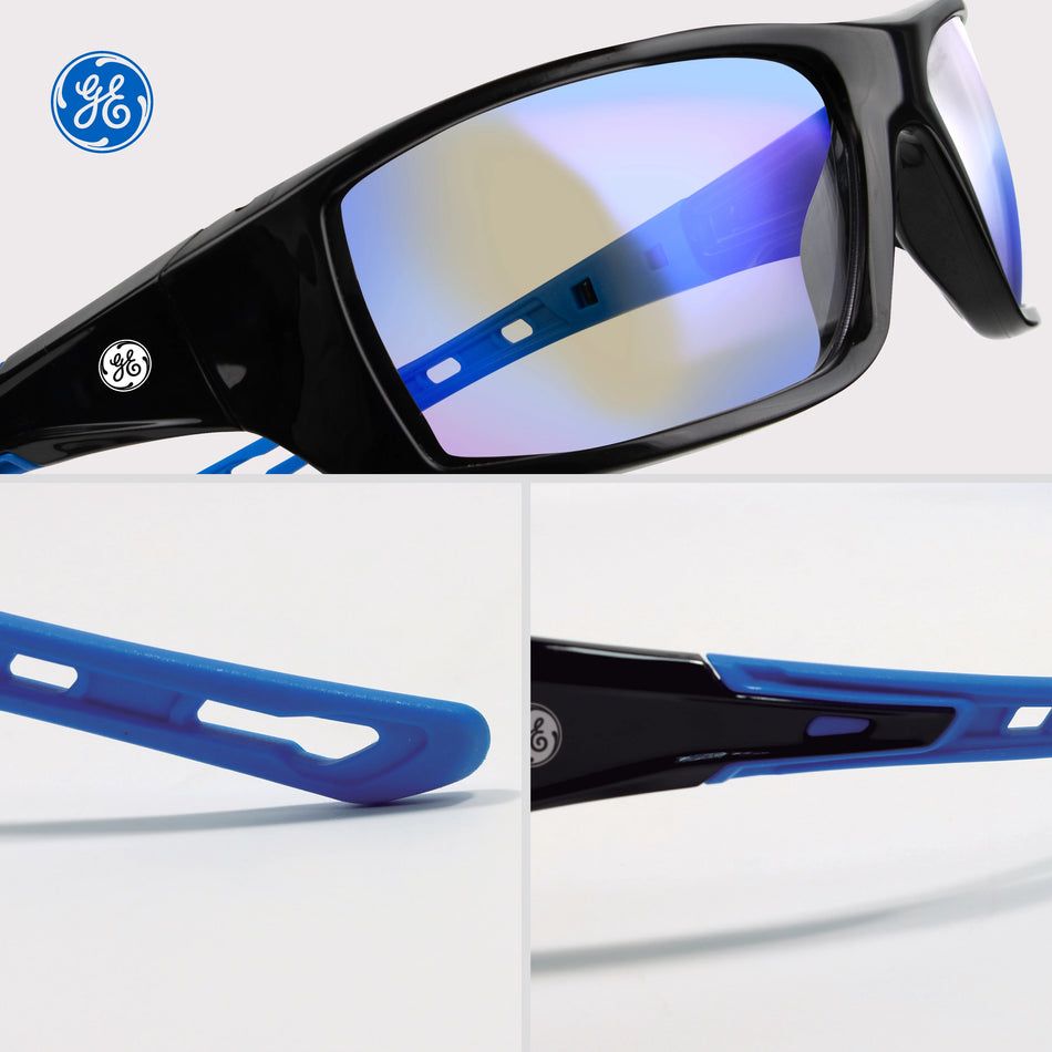 black/blue, Blue Mirror Anti-Fog | three-angle view of protective eyewear | Full Frame Safety Glasses — GE PPE 04 Series, Anti-Fog, ANSI Z87.1 | GE104BAF