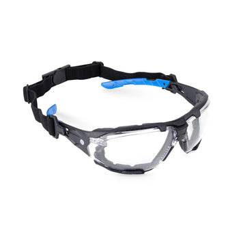 black/blue, Clear Anti-Fog | three-quarter angle showing convertible design | Convertible Anti-Fog Safety Spoggles 2-in-1 — GE PPE 05S Series, ANSI Z87.1 & EN 166 | GE105CAF