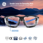 black/blue, Clear Anti-Fog | front view with mountain lake background | Convertible Anti-Fog Safety Spoggles 2-in-1 — GE PPE 05S Series, ANSI Z87.1 & EN 166 | GE105CAF