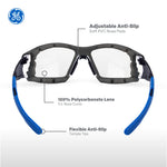 black/blue, Clear Anti-Fog | front view with feature callouts labeled | Convertible Anti-Fog Safety Spoggles 2-in-1 — GE PPE 05S Series, ANSI Z87.1 & EN 166 | GE105CAF