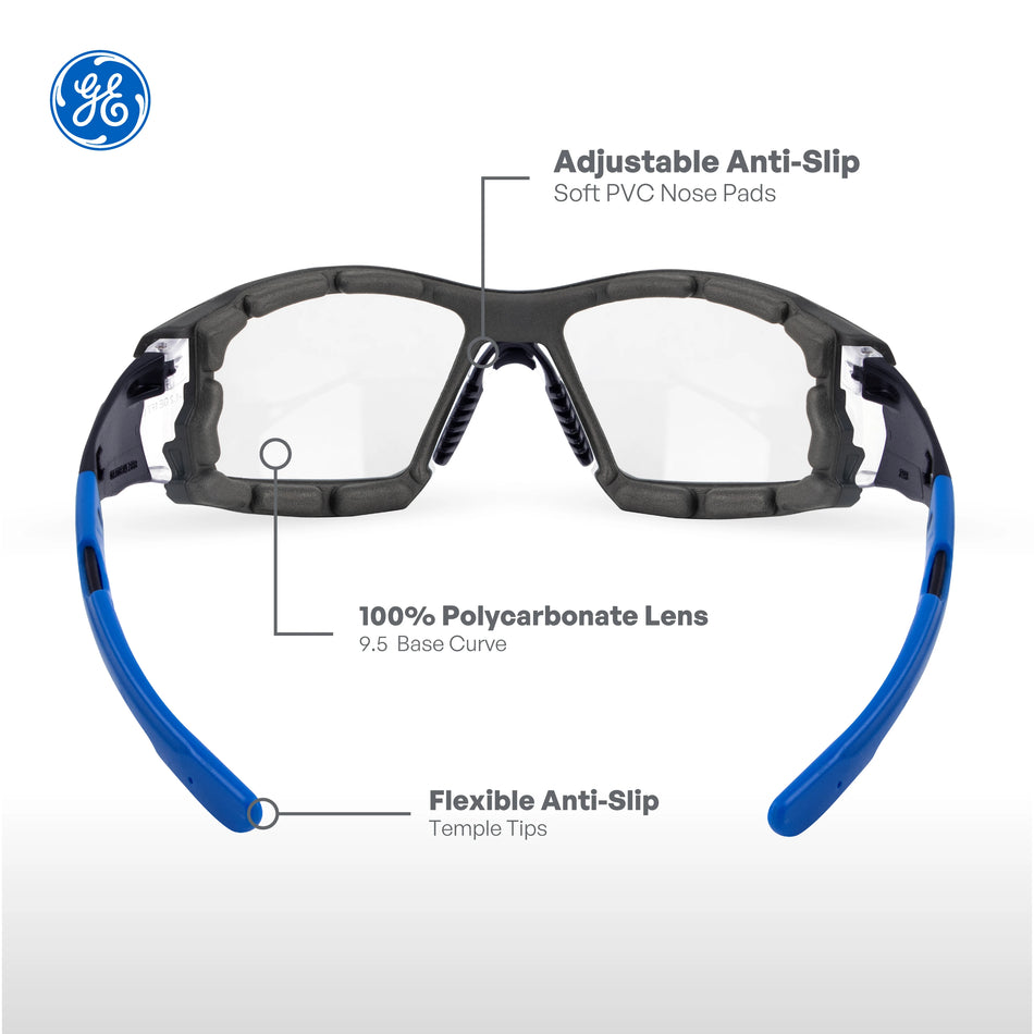 black/blue, Clear Anti-Fog | front view with feature callouts labeled | Convertible Anti-Fog Safety Spoggles 2-in-1 — GE PPE 05S Series, ANSI Z87.1 & EN 166 | GE105CAF