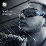 black/blue, Clear Anti-Fog | model wearing protective eyewear side profile | Convertible Anti-Fog Safety Spoggles 2-in-1 — GE PPE 05S Series, ANSI Z87.1 & EN 166 | GE105CAF