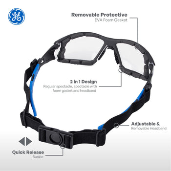 black/blue, Clear Anti-Fog | front view with feature callouts labeled | Convertible Anti-Fog Safety Spoggles 2-in-1 — GE PPE 05S Series, ANSI Z87.1 & EN 166 | GE105CAF