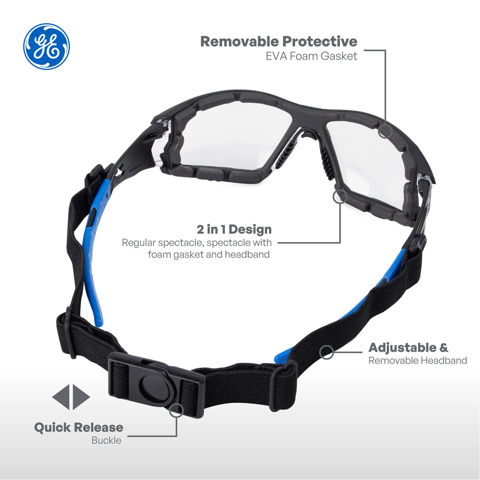 black/blue, Clear Anti-Fog | front view with feature callouts labeled | Convertible Anti-Fog Safety Spoggles 2-in-1 — GE PPE 05S Series, ANSI Z87.1 & EN 166 | GE105CAF