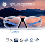 black/blue, Clear Anti-Fog | front view with mountain lake backdrop | Frameless Safety Glasses — GE PPE 05 Series, ANSI Z87.1 & EN 166 | GE205CAF