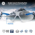 black/blue, Clear Anti-Fog | front view with mountain landscape backdrop | Frameless Wrap-Around Safety Glasses — GE PPE 15 Series, Dielectric, ANSI Z87.1 | GE115CAF