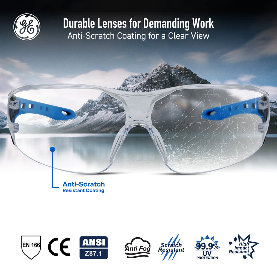 black/blue, Clear Anti-Fog | front view with mountain landscape backdrop | Frameless Wrap-Around Safety Glasses — GE PPE 15 Series, Dielectric, ANSI Z87.1 | GE115CAF