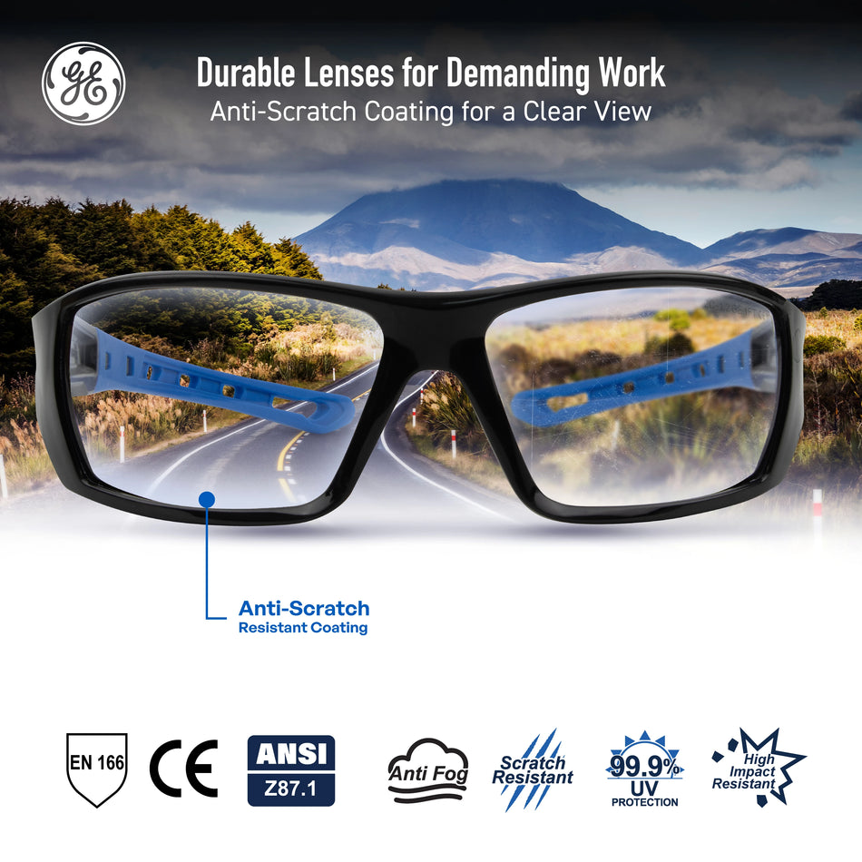 black/blue, Clear Anti-Fog | front view with scenic landscape reflection | Full Frame Safety Glasses — GE PPE 04 Series, Anti-Fog, ANSI Z87.1 | GE104CAF