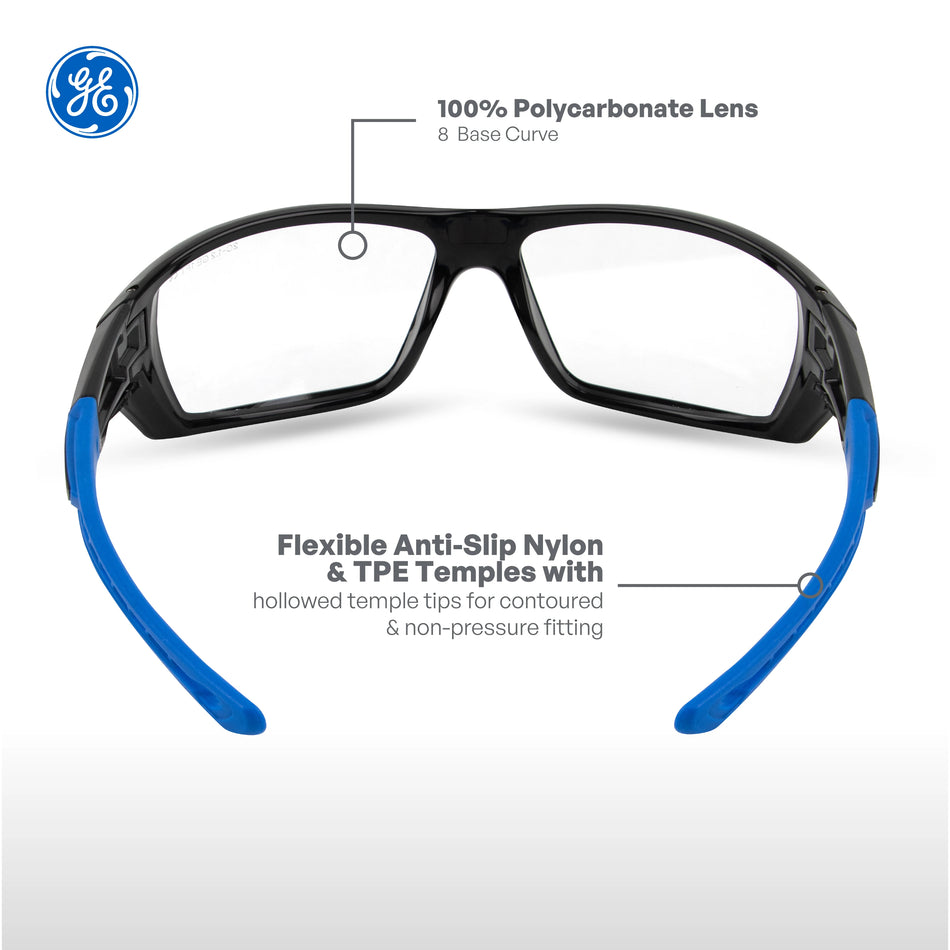 black/blue, Clear Anti-Fog | front view with feature callouts | Full Frame Safety Glasses — GE PPE 04 Series, Anti-Fog, ANSI Z87.1 | GE104CAF