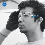 black/blue, Clear Anti-Fog | model wearing glasses, side profile view | Frameless Wrap-Around Safety Glasses — GE PPE 15 Series, Dielectric, ANSI Z87.1 | GE115CAF