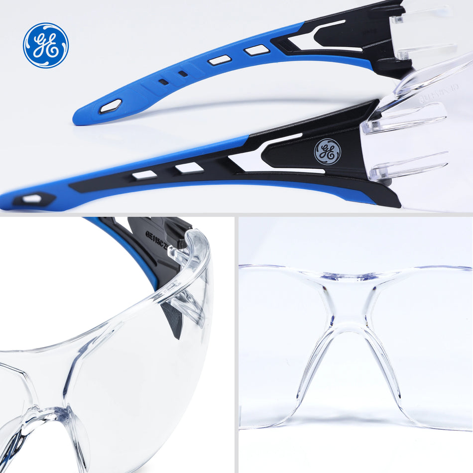 black/blue, Clear Anti-Fog | side angle showing frame details and lens clarity | Frameless Wrap-Around Safety Glasses — GE PPE 15 Series, Dielectric, ANSI Z87.1 | GE115CAF