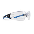 black/blue, Clear Anti-Fog | side angle view of safety glasses | Frameless Wrap-Around Safety Glasses — GE PPE 15 Series, Dielectric, ANSI Z87.1 | GE115CAF