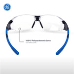 black/blue, Clear Anti-Fog | front view showcasing clear lenses and blue temples | Frameless Safety Glasses — GE PPE 05 Series, ANSI Z87.1 & EN 166 | GE205CAF