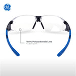 black/blue, Clear Anti-Scratch | front view showcasing clear lenses and blue temples | Frameless Safety Glasses — GE PPE 05 Series, ANSI Z87.1 & EN 166 | GE205C