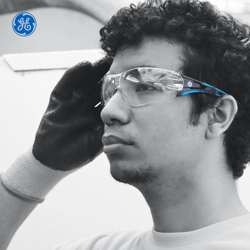 black/blue, Clear Anti-Scratch | Frameless Wrap-Around Safety Glasses — GE PPE 15 Series, Dielectric, ANSI Z87.1 | GE115C