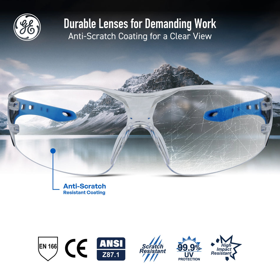 black/blue, Clear Anti-Scratch | Frameless Wrap-Around Safety Glasses — GE PPE 15 Series, Dielectric, ANSI Z87.1 | GE115C
