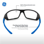 black/blue, Clear Anti-Scratch | front view with material callouts annotated | Full Frame Safety Glasses — GE PPE 04 Series, Anti-Fog, ANSI Z87.1 | GE104C