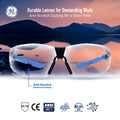 black/blue, Clear Anti-Scratch | front view with scenic landscape background | Frameless Safety Glasses — GE PPE 05 Series, ANSI Z87.1 & EN 166 | GE205C